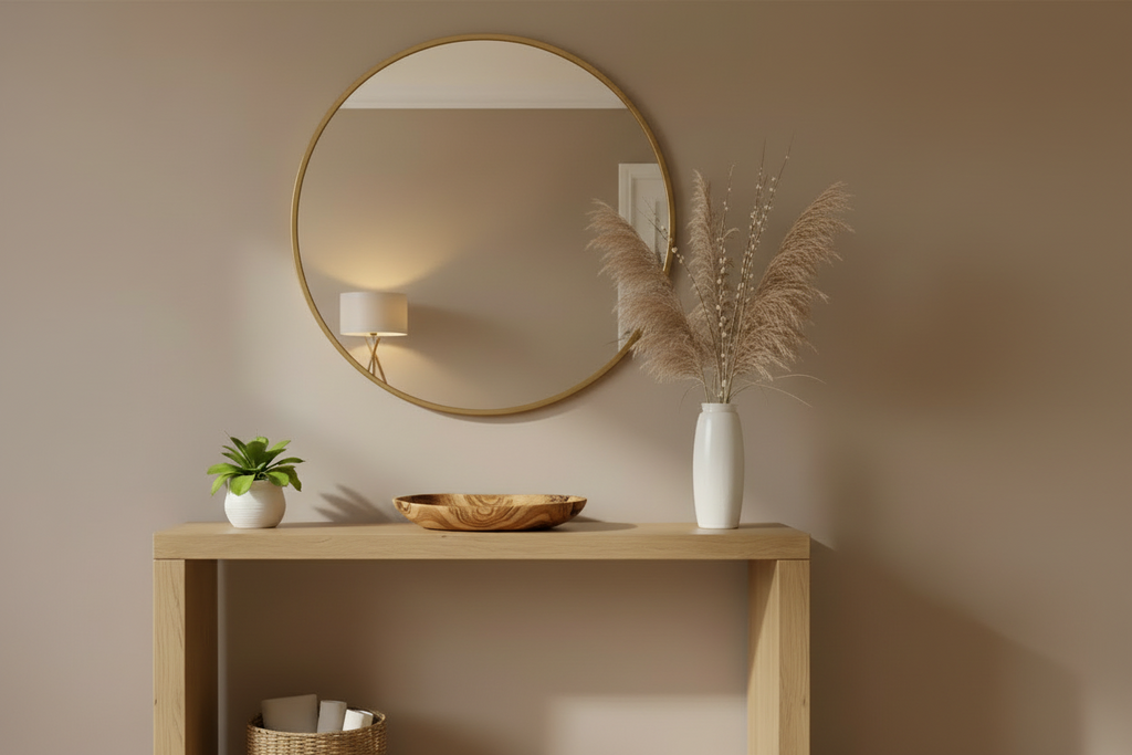 Round mirror on a beige wall above a wooden console table with decorative items.