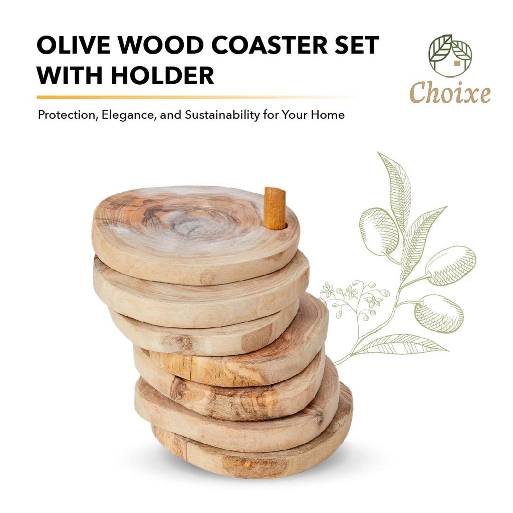 Olive wood coaster set with holder on a white background, featuring the Choixe brand.