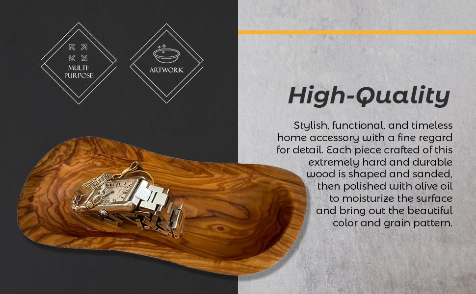 Wooden tray with decorative item on a gray background with text about high-quality home accessories.