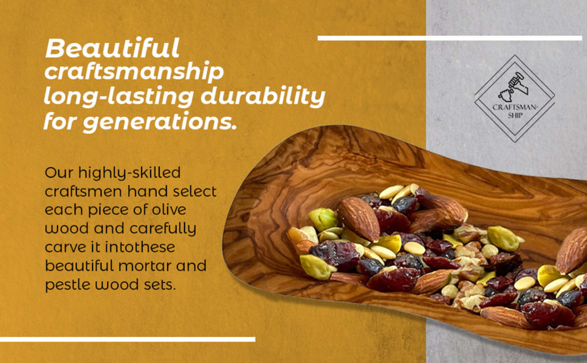 Wooden mortar and pestle with nuts and seeds on a yellow background, featuring text about craftsmanship and durability.