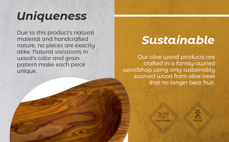 Wooden product with text on uniqueness and sustainability, featuring olive wood and family-owned woodshop logos.