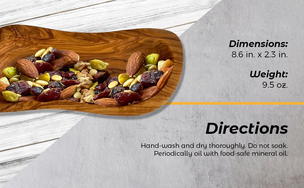Wooden platter with mixed nuts and dried fruits on a light wooden surface, with product dimensions and weight information displayed.
