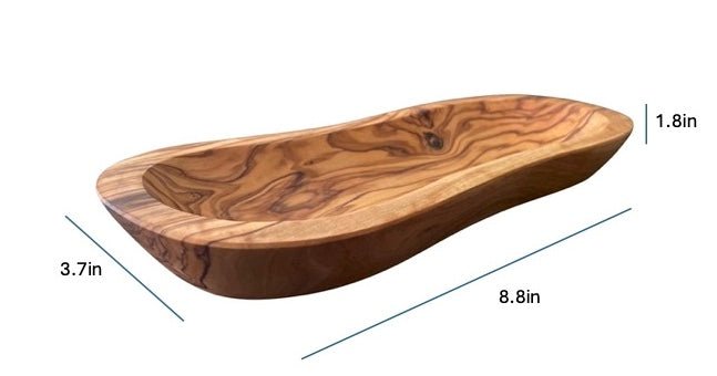 Wooden serving tray with dimensions on a white background